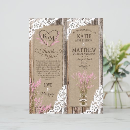 Rustic Wood Lavender Lace Floral Program Kaart (Staand voorkant)