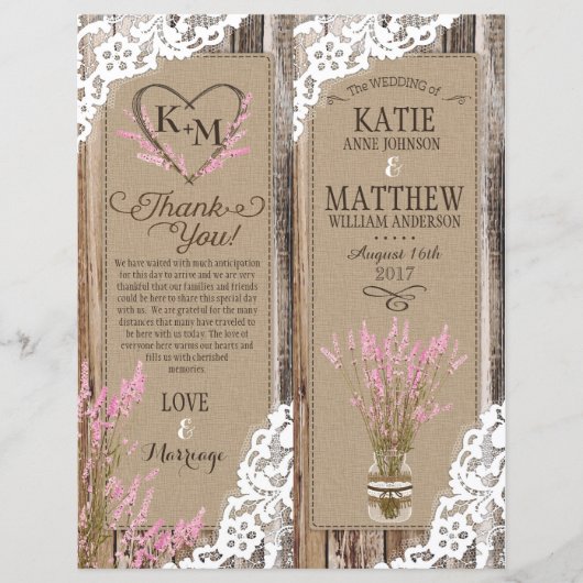 Rustic Wood Lavender Lace Floral Program Kaart (Voorkant)