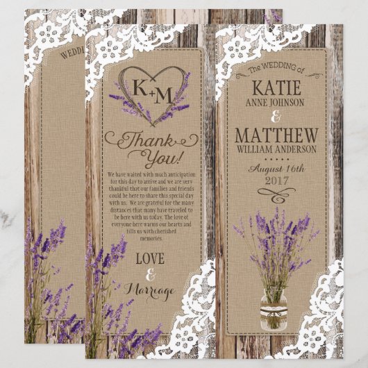 Rustic Wood Lavender Lace Floral Program Kaart (Voorkant / Achterkant)