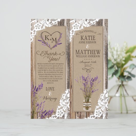 Rustic Wood Lavender Lace Floral Program Kaart (Staand voorkant)