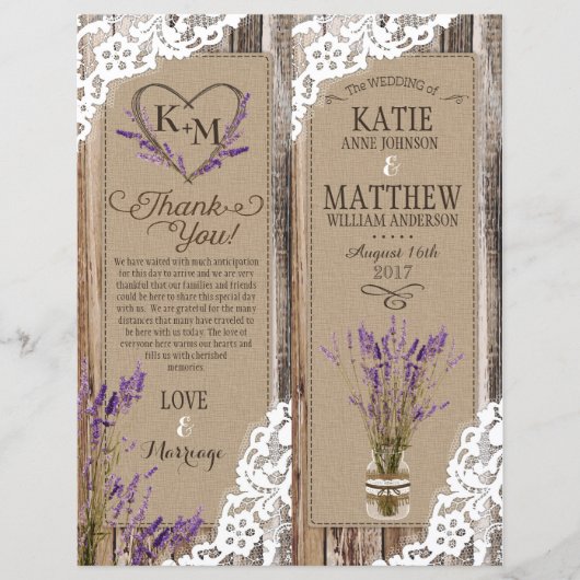 Rustic Wood Lavender Lace Floral Program Kaart (Voorkant)