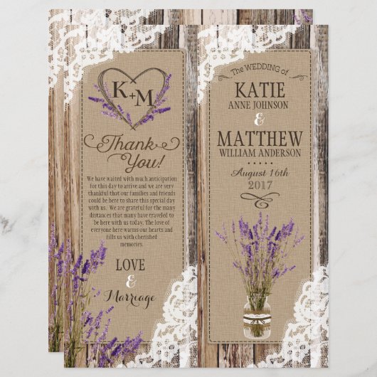 Rustic Wood Lavender Lace Floral Program Kaart (Voorkant / Achterkant)