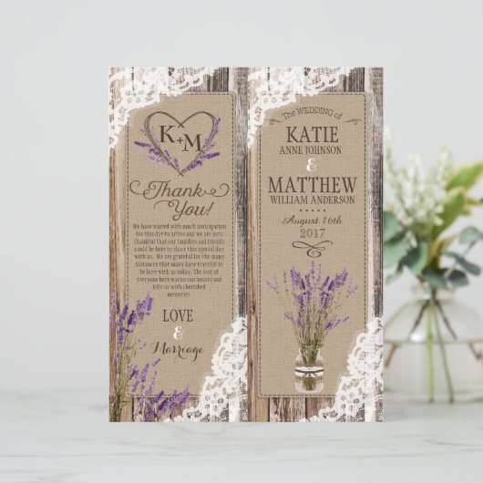 Rustic Wood Lavender Lace Floral Program Kaart (Staand voorkant)