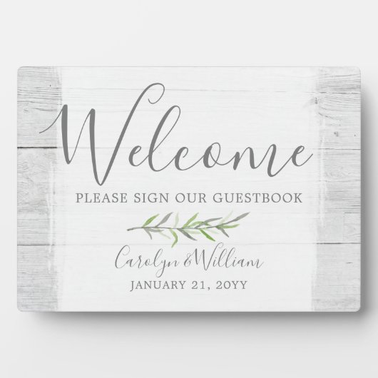 Rustic Wood & Leaf Welkom Bruiloft Guestbook Bord Fotoplaat (voorkant)