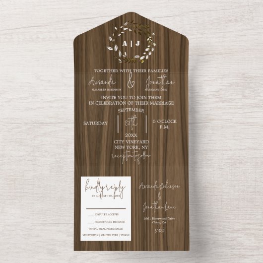 Rustic Wood Leaf Wreath Monogram Weddenschap All In One Uitnodiging (Binnen)
