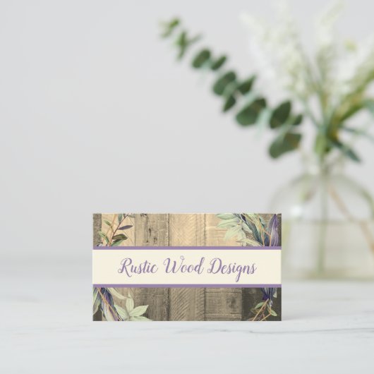 Rustic Wood Leaves Krans Monogram Bord Lavendar Visitekaartje (Staand voorkant)
