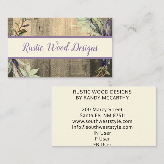 Rustic Wood Leaves Krans Monogram Bord Lavendar Visitekaartje (Voorkant / Achterkant)
