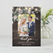 Rustic Wood Licht Boho Greenery Foto Weddenschap Bedankkaart (Staand voorkant)