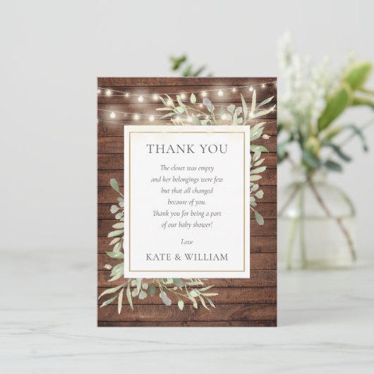 Rustic Wood Licht Greenery Baby shower Poem Bedankkaart (Staand voorkant)