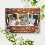 Rustic Wood Licht Lace 3 Foto bewaart de Date Kaar Save The Date<br><div class="desc">Rustic de Lichten van het Koord van hout en Lace 3 Foto sparen de Kaart van de Aankondiging van het Verloving van de Datum</div>