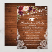 Rustic Wood Licht Lace Burgundy Afstuderen Invite Kaart (Voorkant / Achterkant)
