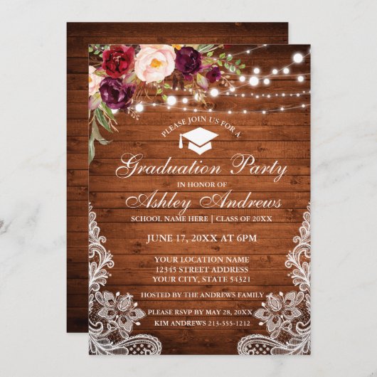 Rustic Wood Licht Lace Burgundy Afstuderen Invite Kaart (Voorkant / Achterkant)