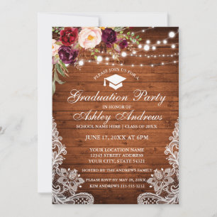 Rustic Wood Licht Lace Burgundy Afstuderen Invite Kaart