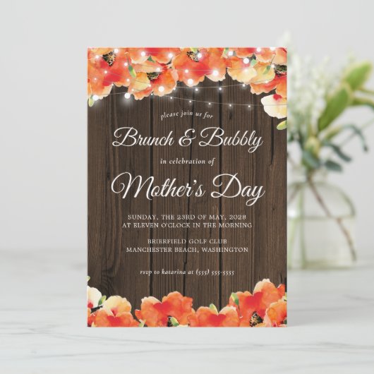 Rustic Wood Licht Poppy Moederdag Brunch Kaart (Staand voorkant)