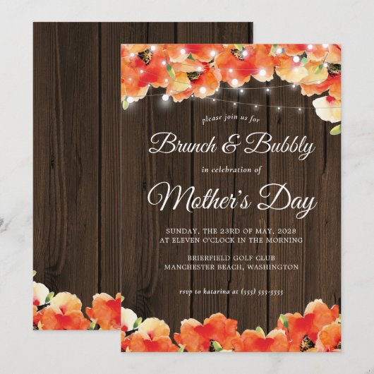 Rustic Wood Licht Poppy Moederdag Brunch Kaart (Voorkant / Achterkant)