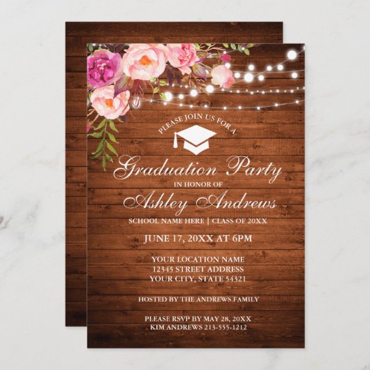 Rustic Wood Licht Roze Graduparty nodigt uit Kaart (Voorkant / Achterkant)