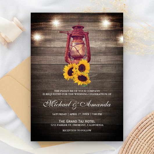Rustic Wood Licht Zonnebloemolie Lantaarnbruiloft Kaart