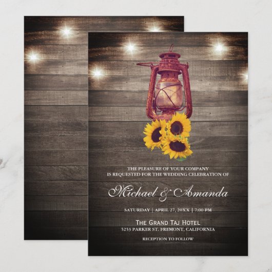 Rustic Wood Licht Zonnebloemolie Lantaarnbruiloft Kaart (Voorkant / Achterkant)