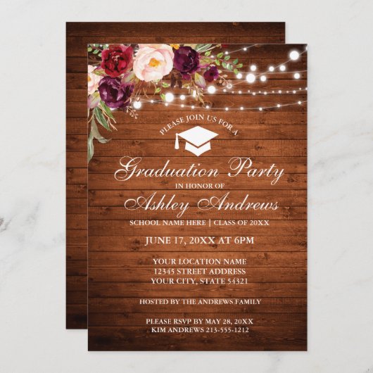 Rustic Wood Lichten Burgundy Afstudeerder Partij U Kaart (Voorkant / Achterkant)