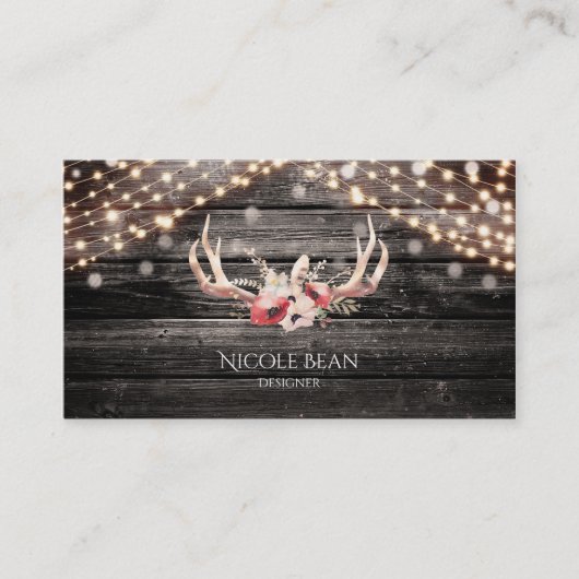 Rustic Wood & Lichten Floral Antlers Boho Chic Gla Visitekaartje (Voorkant)