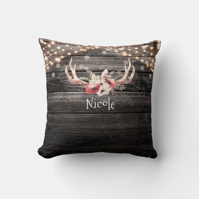 Rustic Wood & Lichten Floral Antlers Boho Chic Kussen (Voorkant)
