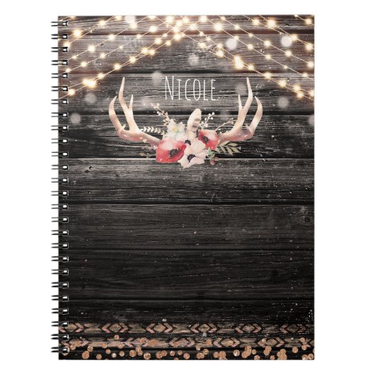 Rustic Wood & Lichten Floral Antlers Boho Chic Notitieboek (Voorkant)