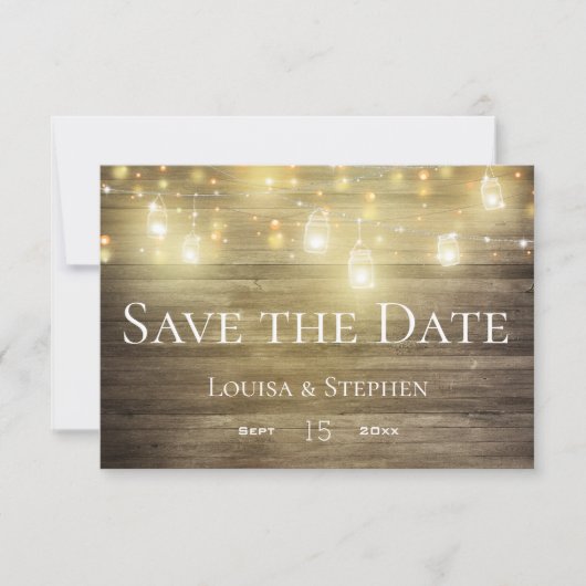 Rustic Wood & Lichten Mason Jar Save the Date Kaar (Voorkant)