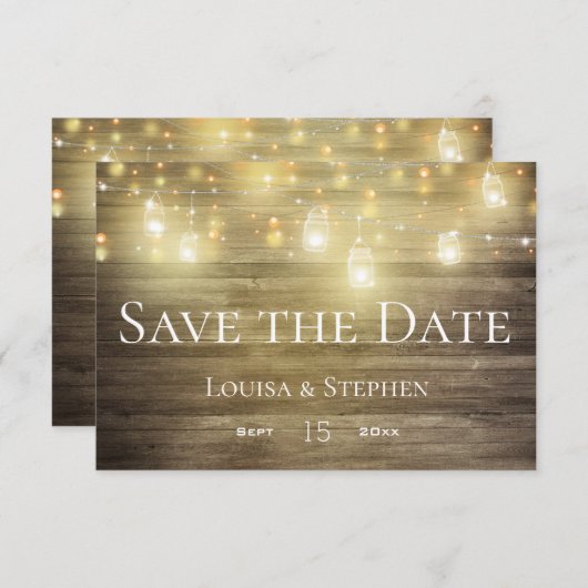 Rustic Wood & Lichten Mason Jar Save the Date Kaar (Voorkant / Achterkant)