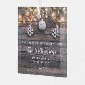 Rustic Wood Lichten Stars Housewarming New Address Glas Ornament (Voorkant links)