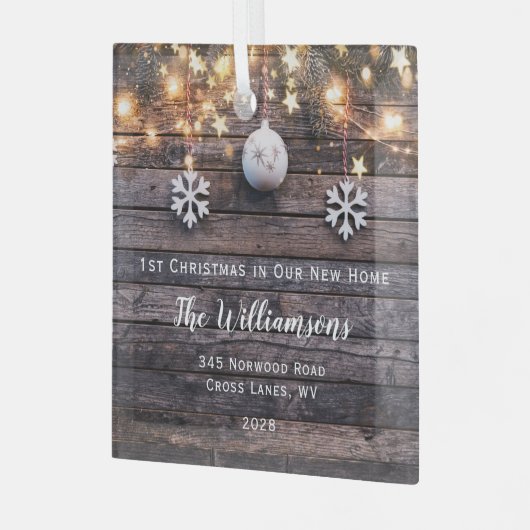 Rustic Wood Lichten Stars Housewarming New Address Glas Ornament (Voorkant links)