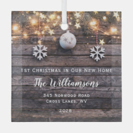 Rustic Wood Lichten Stars Housewarming New Address Glas Ornament