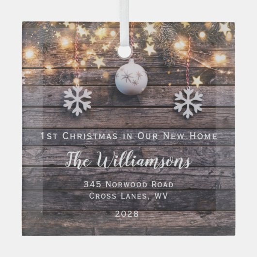 Rustic Wood Lichten Stars Housewarming New Address Glas Ornament (Voorkant)