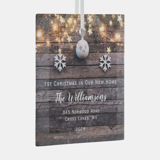 Rustic Wood Lichten Stars Housewarming New Address Glas Ornament (Voorkant Rechts)