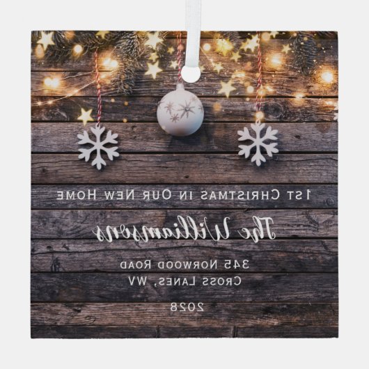 Rustic Wood Lichten Stars Housewarming New Address Glas Ornament (Achterkant)