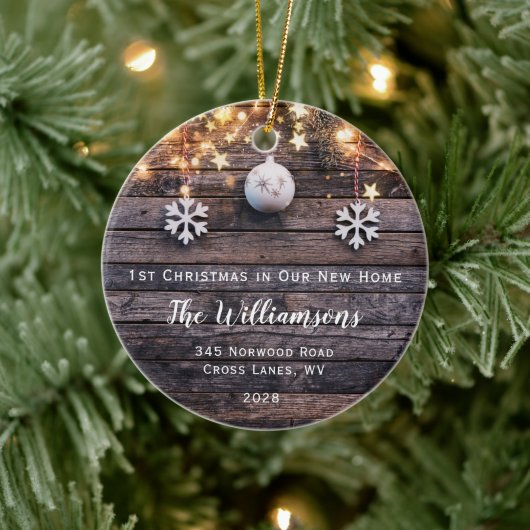 Rustic Wood Lichten Stars Housewarming New Address Keramisch Ornament (Boom)