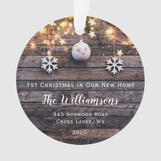 Rustic Wood Lichten Stars Housewarming New Address Ornament (voorkant)