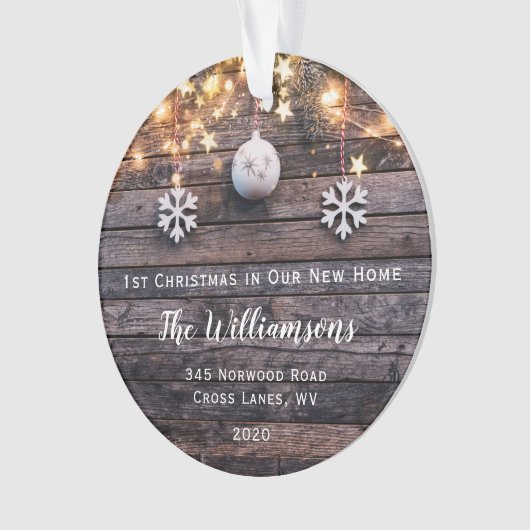 Rustic Wood Lichten Stars Housewarming New Address Ornament (voorkant)