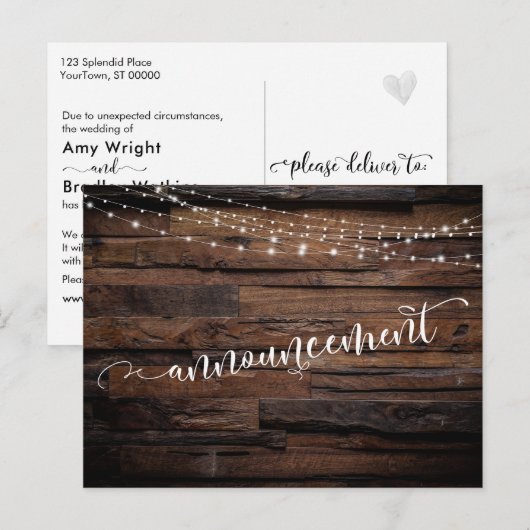 Rustic Wood Lichten Uitgestelde aankondiging huwel Briefkaart (Voorkant / Achterkant)