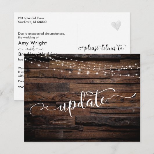 Rustic Wood & Lichten Uitgestelde huwelijksupdate Briefkaart (Voorkant / Achterkant)