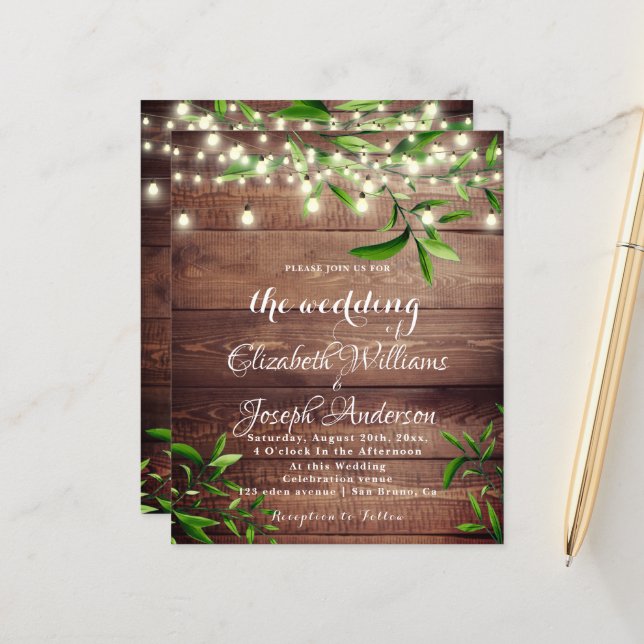 Rustic Wood Light & Greenery Wedding Invitation (Voorkant / Achterkant in situ)