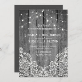 Rustic Wood Light Lace B&W Wedding Kaart