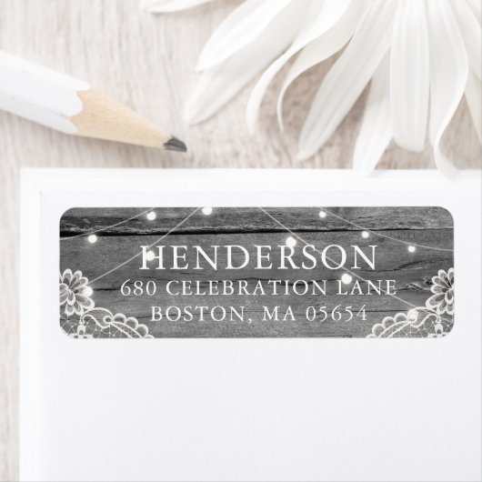 Rustic Wood Light Lace Wedding Address Etiket (Insitu)