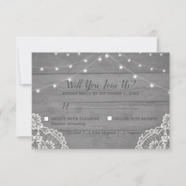 Rustic Wood Light Lace Wedding RSVP Kaart