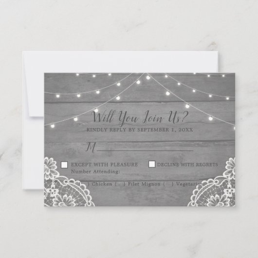 Rustic Wood Light Lace Wedding RSVP Kaart (Voorkant)