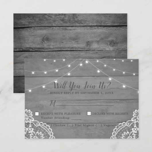Rustic Wood Light Lace Wedding RSVP Kaart (Voorkant / Achterkant)