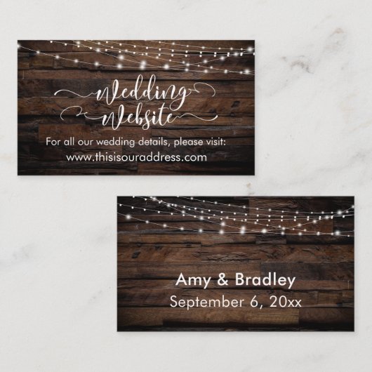Rustic Wood & Light String Wedding Website Card Informatiekaartje (Voorkant / Achterkant)
