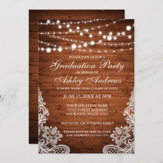 Rustic Wood Lights Afstuderen Uitnodiging (Voorkant / Achterkant)