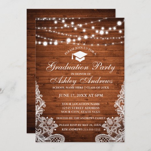 Rustic Wood Lights Afstuderen Uitnodiging W (Voorkant / Achterkant)