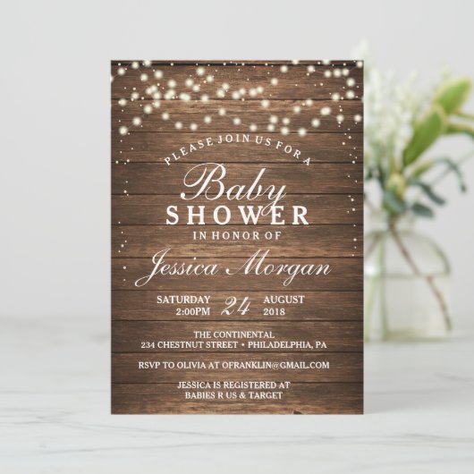 Rustic Wood & Lights Baby shower Kaart (Staand voorkant)