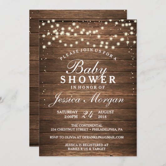 Rustic Wood & Lights Baby shower Kaart (Voorkant / Achterkant)